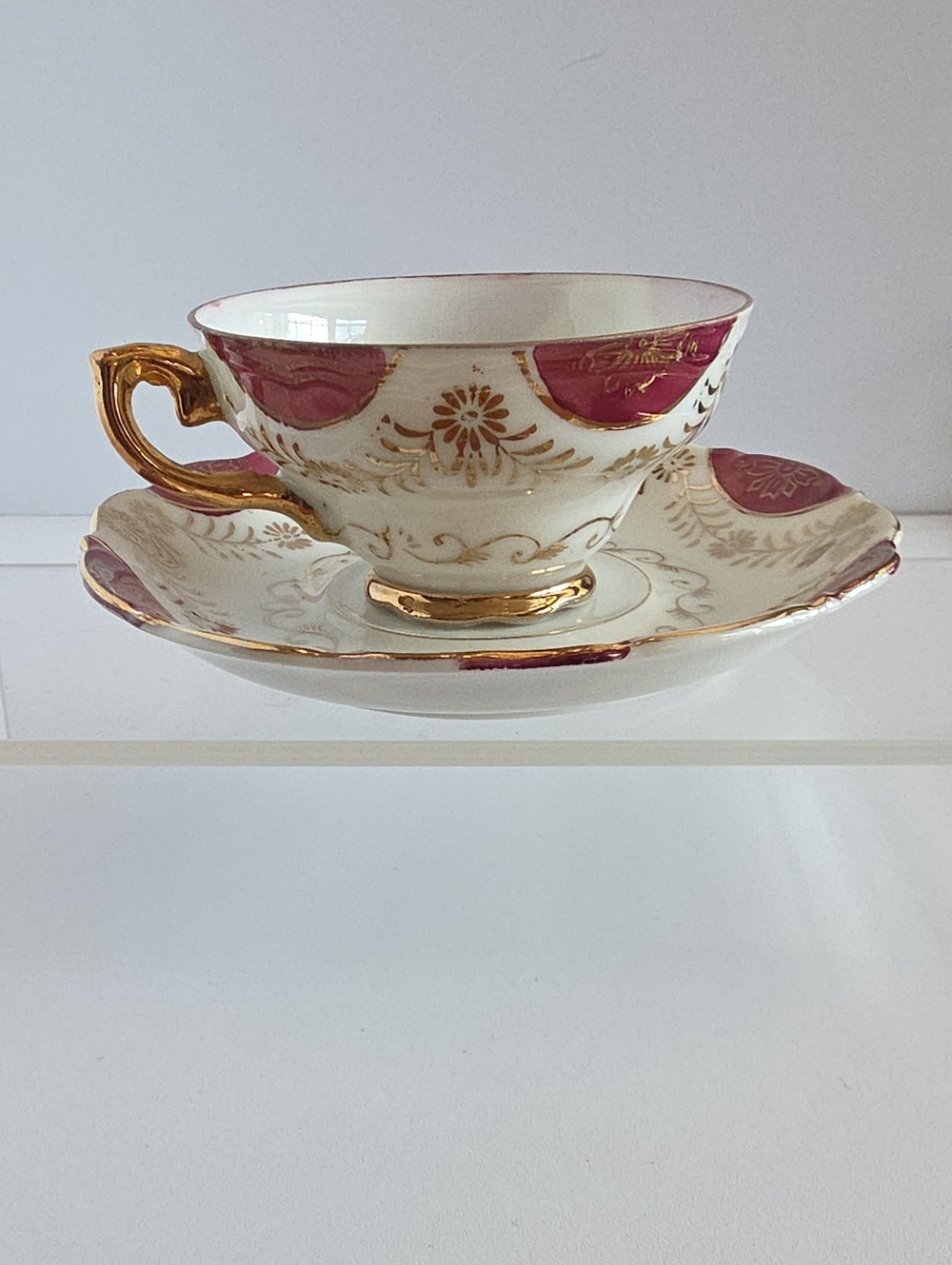 Vintage EFCCO Imports San Francisco Teacup and Saucer Set, Burgundy & Gold Gilt